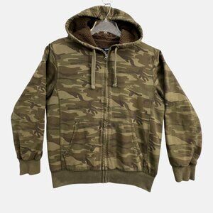 Y2K Camouflage Hoodie Fleece Lined Mens Small Full Zip Green Skater Sweatshirt